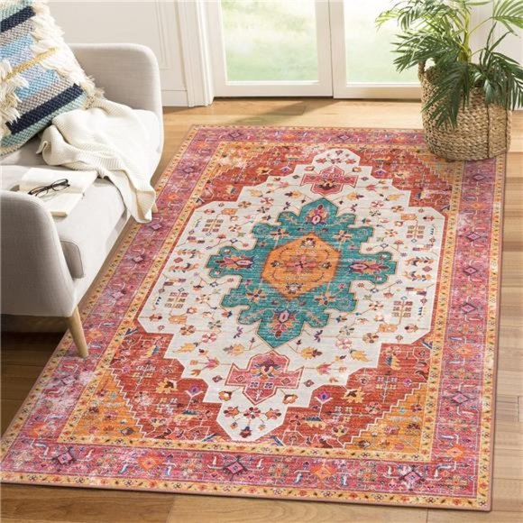 Ultra-Thin Washable Area Rug - 4x6 Pink Rugs for Bedroom Girls Vintage Rug